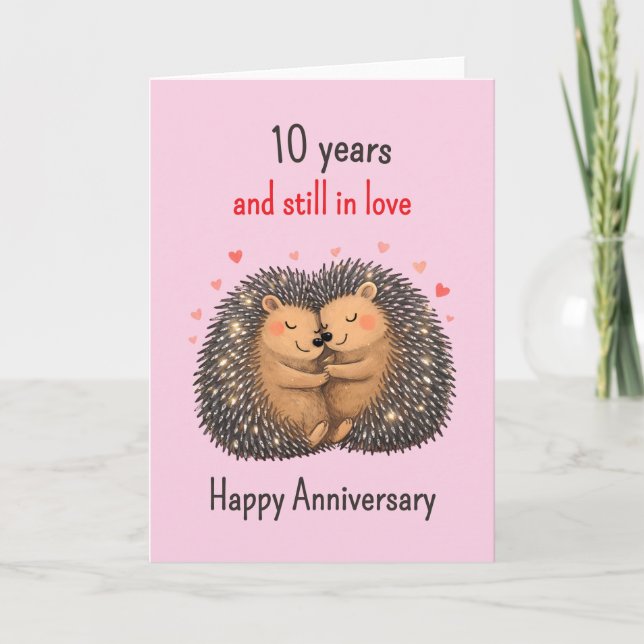 10th wedding anniversary Hedgehogs cuddling Karte (Vorderseite)