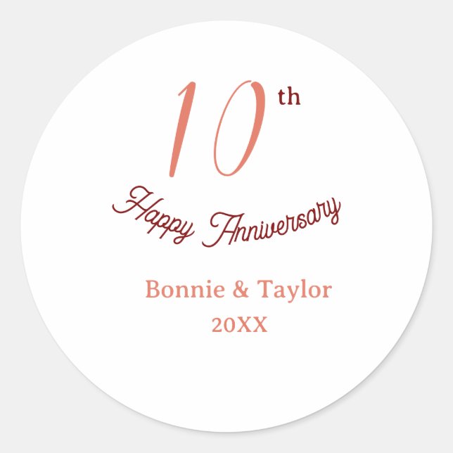 10th wedding anniversary peach pastel name retro b runder aufkleber (Vorderseite)