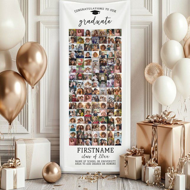 112 Foto Collage Abschluss Moderner Minimal weiß Banner (Custom Graduation Banner - Great for a backdrop or Grad Party Decoration)
