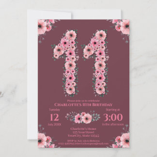 11. Big Birthday Girl Pink Blume Green Foliage Einladung