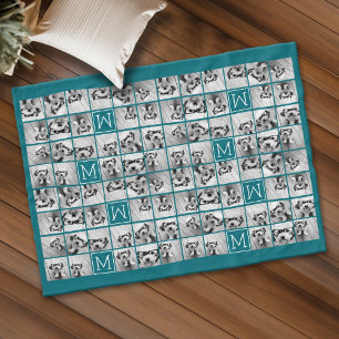 11 Bildercollage mit individuellem Monogramm Blau Fleecedecke