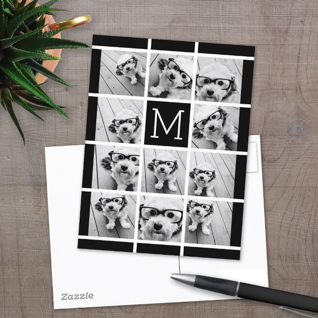 11 Foto Collage Monogram KANN FARBE BEARBEITEN Postkarte (11 Photo personalized postcard)
