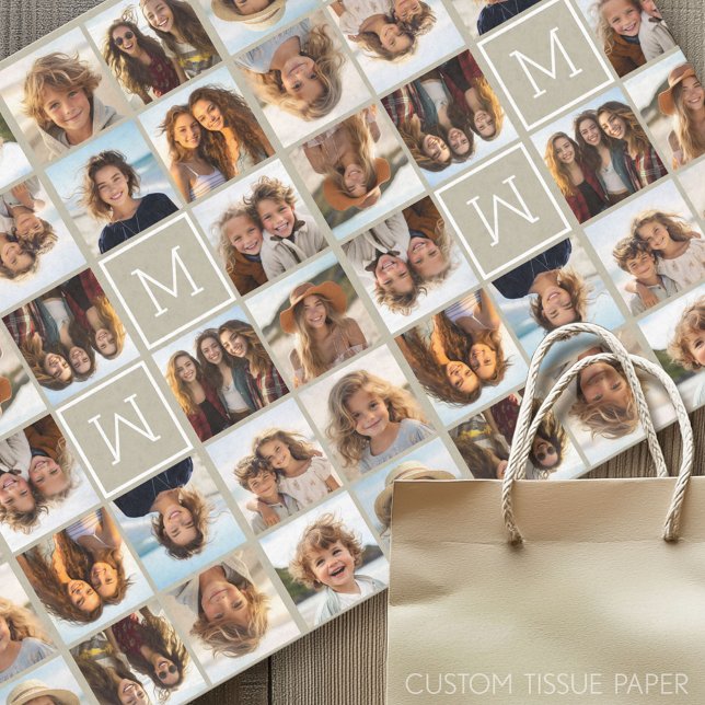 11 Foto Instagram Collage Custom Beige Monogram Seidenpapier (Custom Photo Tissue Paper)