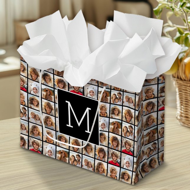 11 Foto Instagram Collage Custom Black Monogram Große Geschenktüte (Custom Photo Gift Bag)