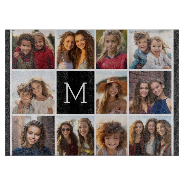 11 Foto Instagram Collage Custom Black Monogram Schneidebrett (Vorderseite)