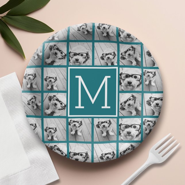 11 Foto Instagram Collage Custom Blue Monogram Pappteller (Custom Paper Plate)