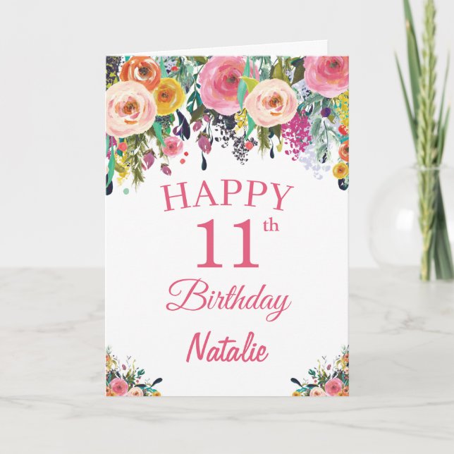 11. Geburtstag Aquarellfarben Blume Rosa Karte (Vorderseite)