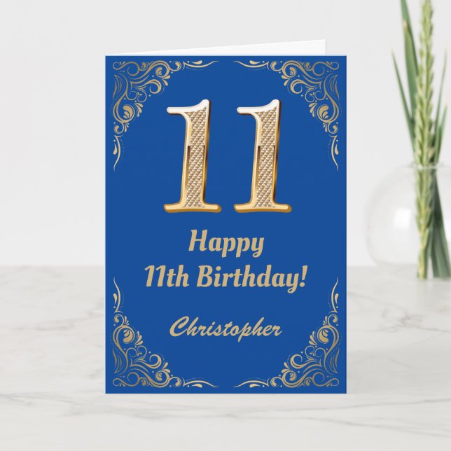 11. Geburtstag Blue and Gold Glitzer Frame Karte (Vorderseite)
