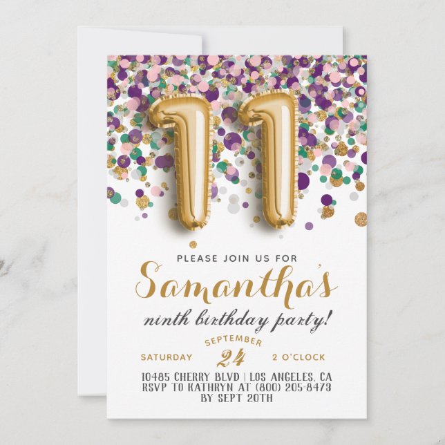 11. Geburtstag Confetti Einladung (Vorderseite)