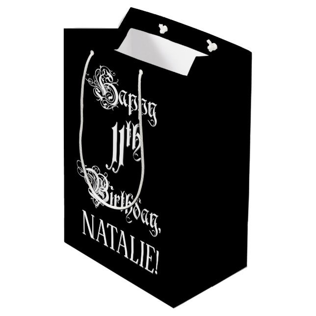11. Geburtstag: Extravagant, elegant, Script + Ind Mittlere Geschenktüte (Rückseite Schrägansicht)