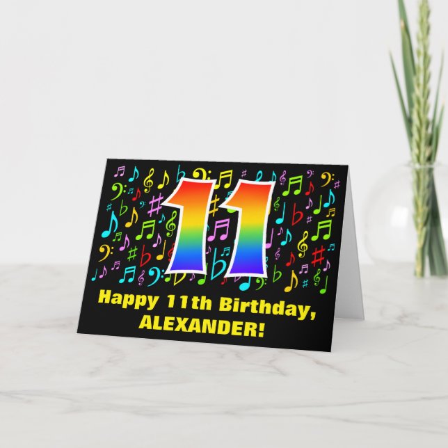 11. Geburtstag: Farbige Musiksymbole & Regenbogen  Karte (Vorderseite)