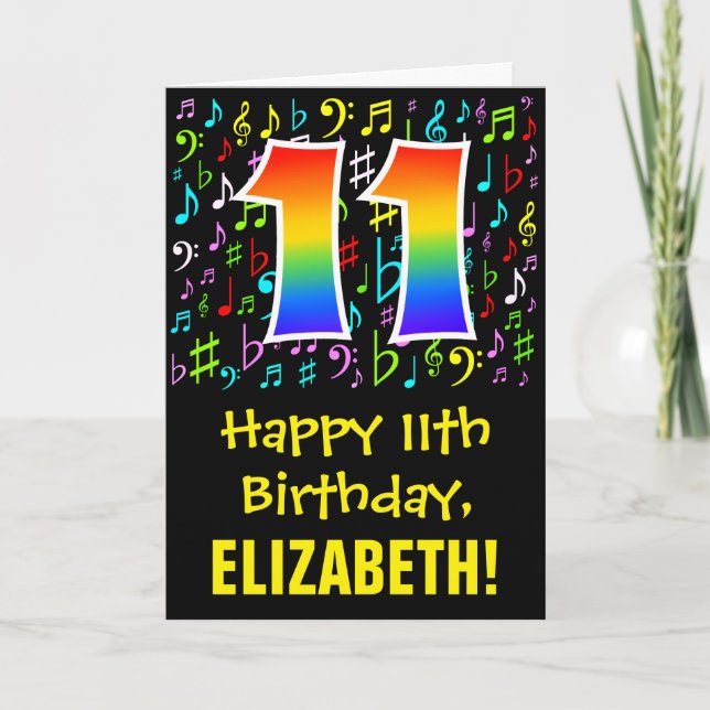 11. Geburtstag: Farbige Musiksymbole + Regenbogen  Karte (Vorderseite)