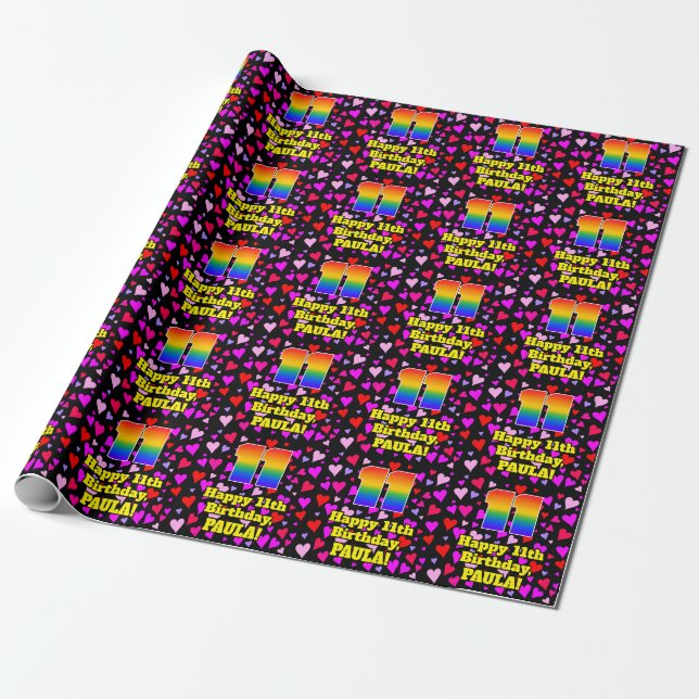 11. Geburtstag: Loving Hearts Pattern, Regenbogen  Geschenkpapier (Ungerollt)