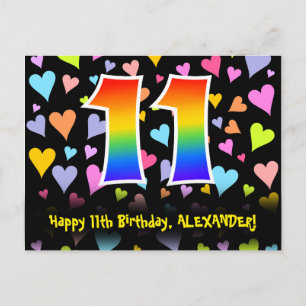 11. Geburtstag: Lustiges Herzen-Muster, Regenbogen Postkarte