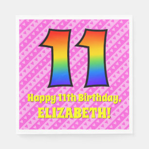 11. Geburtstag: Rosa Streifen & Herz, Regenbogen # Serviette