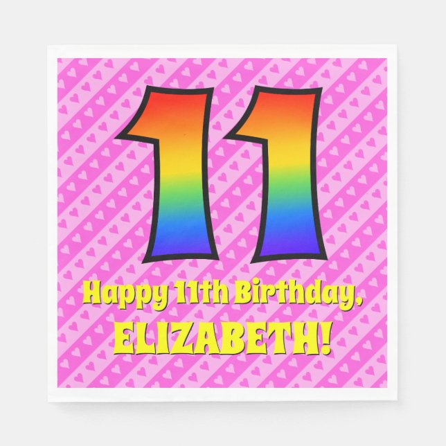 11. Geburtstag: Rosa Streifen & Herz, Regenbogen # Serviette (Vorderseite)