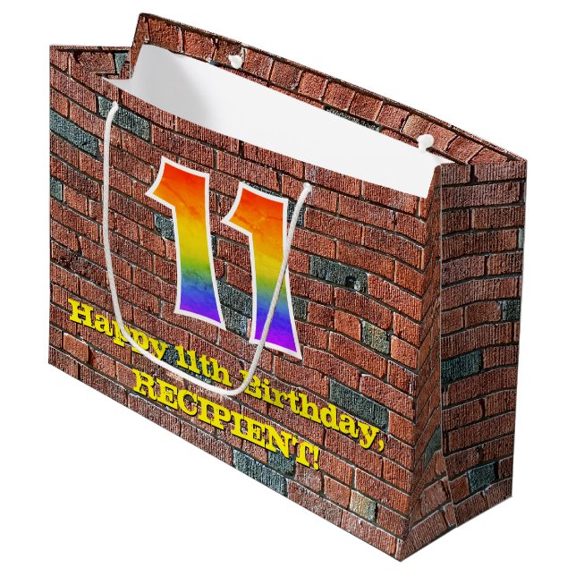 11. Geburtstag: Spaß, Graffiti-Inspiriert Regenbog Große Geschenktüte (Vorderseite Schrägansicht)