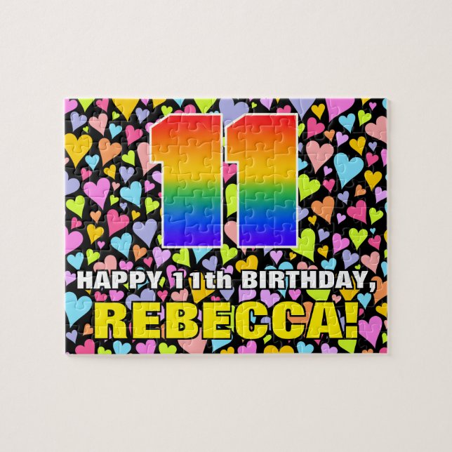 11. Geburtstag — Spaß, Liebende Herzformen + "11" (Horizontal)