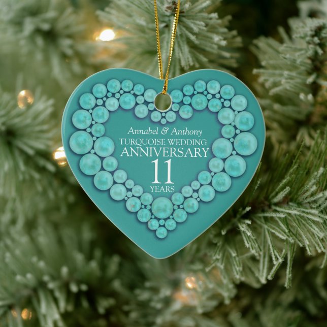 11. Hochzeit Jubiläum Türkis Herzverzierung Keramik Ornament (Baum)