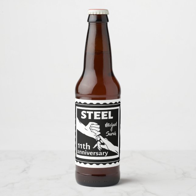 11. Hochzeitstag mit Händen Bierflaschenetikett (Vorderseite)