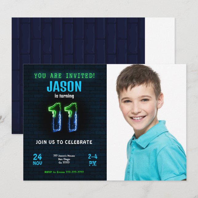 11. Junge Geburtstag Foto Einladung (Vorne/Hinten)