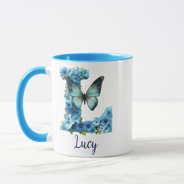 11 oz Floral Blue Mit Monogramm Coffee Tasse (Links)