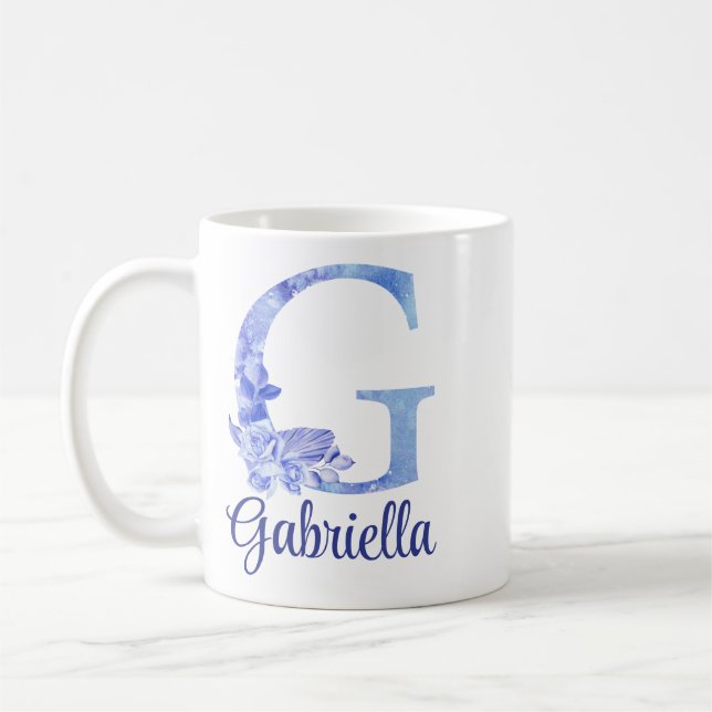 11 oz Mit Monogramm Aquarellfarben-Blues und Blume Kaffeetasse (Links)