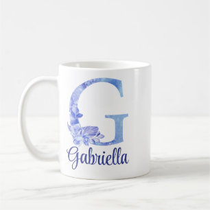11 oz monogrammiertes Watercolor Blues und Floral Kaffeetasse