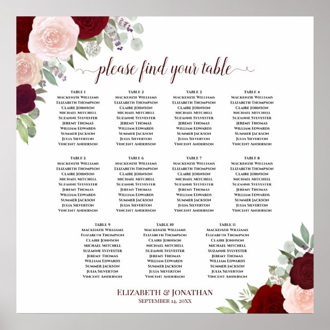 11 Tabelle Burgundy Red & Pink Floral Seating Char Poster (Vorne)