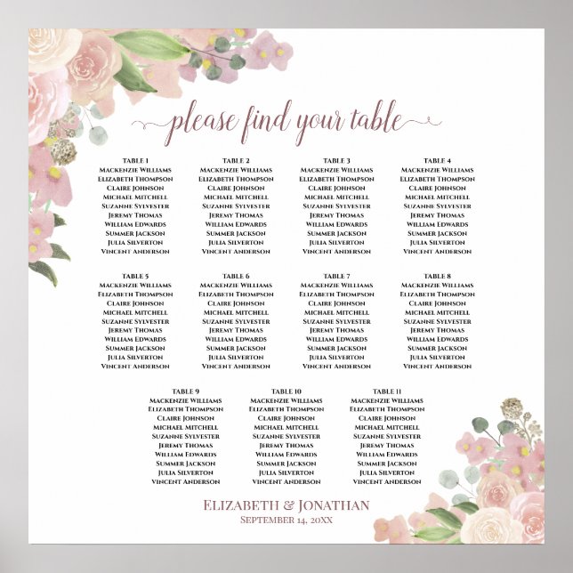 11 Tabelle Elegant Rosa Blumenkarte Poster (Vorne)