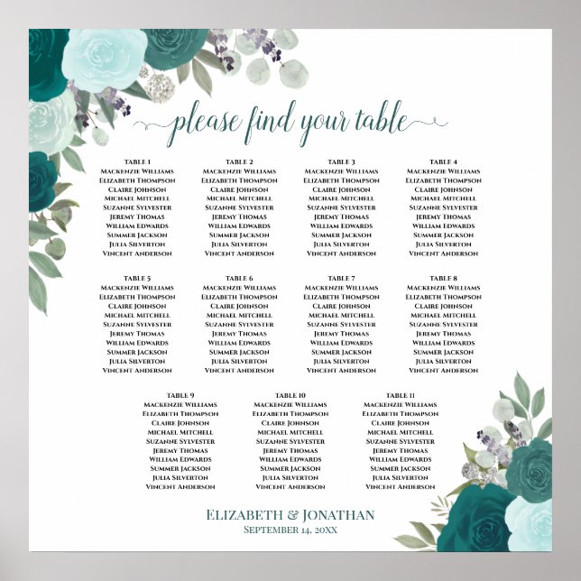 11 Tabelle Elegante Aquamarine Rose Hochzeitsdiagr Poster (Vorne)