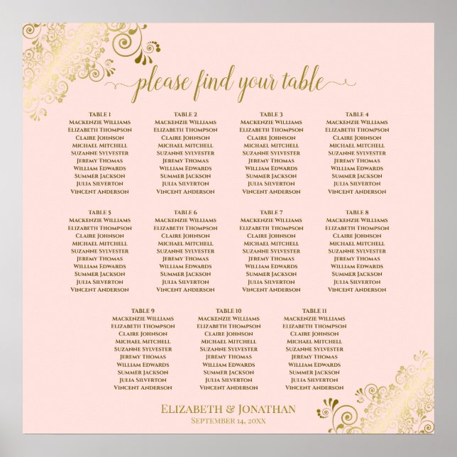 11 Tabelle Hochzeitskarte Rosa und Gold in Schwarz Poster (Vorne)