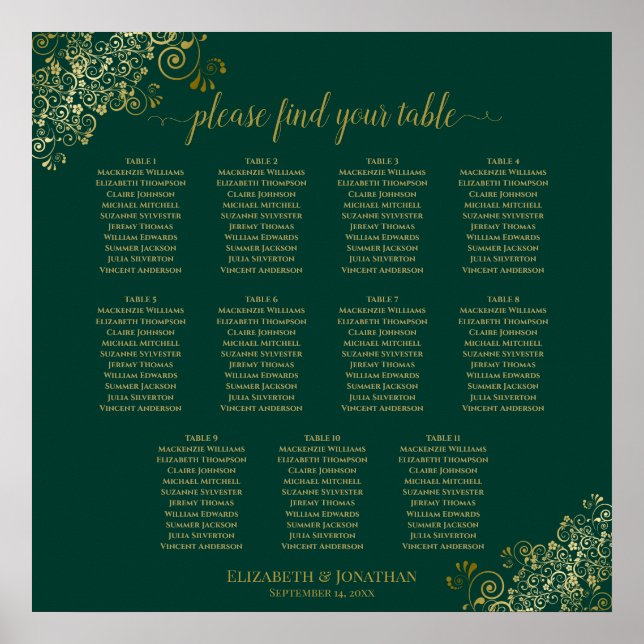 11 Tabelle Hochzeitskarte Smaragdgrünes Gold Poster (Vorne)