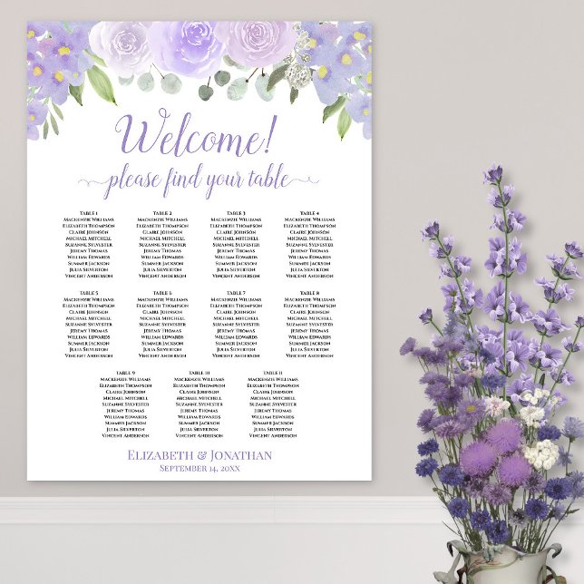 11 Tabelle Lavendel Boho Rose Hochzeitskarte Poster (In Situ on Wall with Flowers)