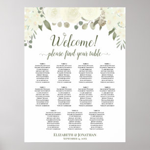 11 Tisch Elfenbein Weiße Rosen Hochzeits-Sitzplan Poster