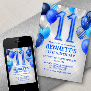 11e anniversaire Ballons Bleus Invitation