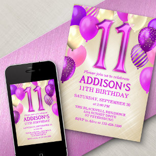 11e anniversaire Ballons roses Invitation