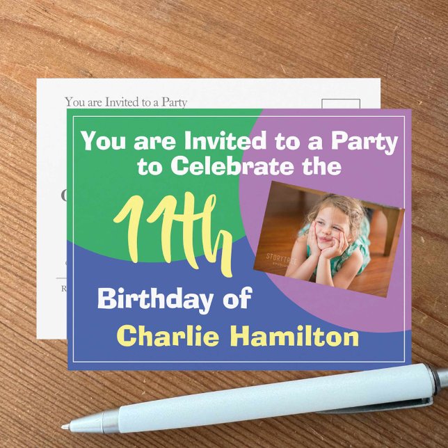 11e anniversaire Invitation avec carte postale pho (Créateur téléchargé)