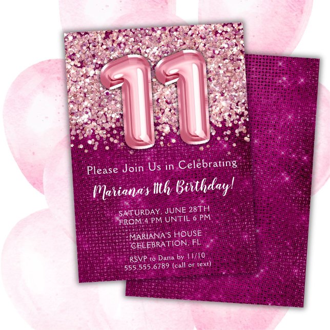 11e anniversaire Invitation Girl Magenta Parties s (Créateur téléchargé)