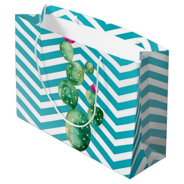 12.5lx4wx9h Große Geschenktasche Boho Cacti Cactus Geschenktüte (Rückseite Schrägansicht)