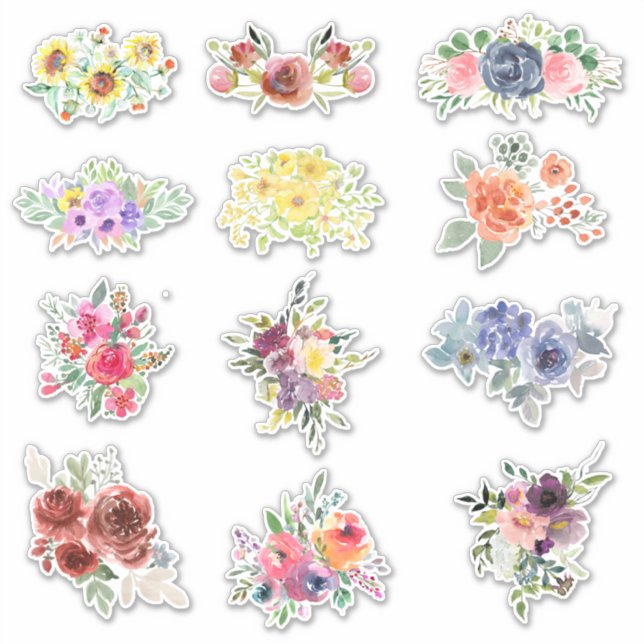 12 Aquarellfarben-Blume Aufkleber (Vorderseite)