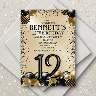 12. Balloons Black Gold Geburtstag Einladung