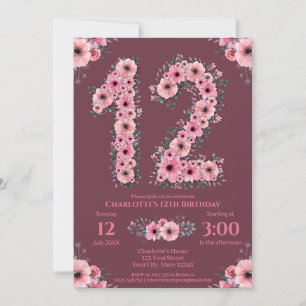 12. Big Birthday Girl Pink Blume Green Foliage Einladung