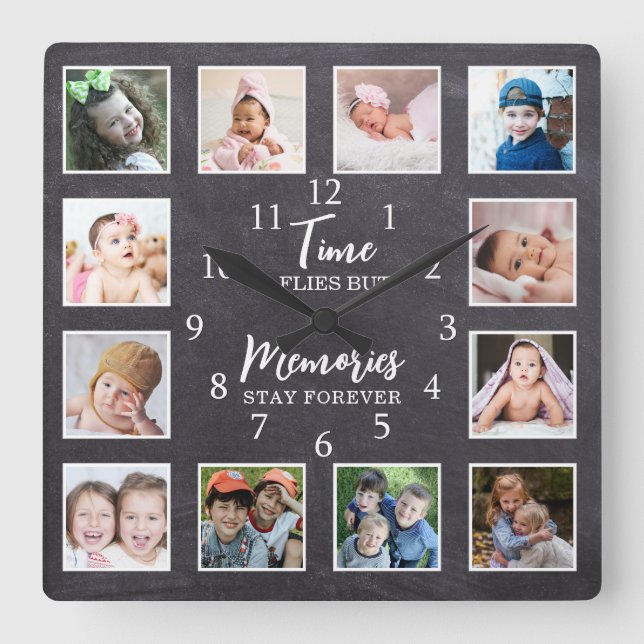 12 Chalkboard für Fotosammlungszeitfliegen Quadratische Wanduhr (Vorderseite)