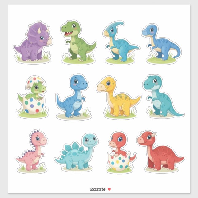 12 Cute Colorful Dino Vinyl Stickers Aufkleber (Blatt)