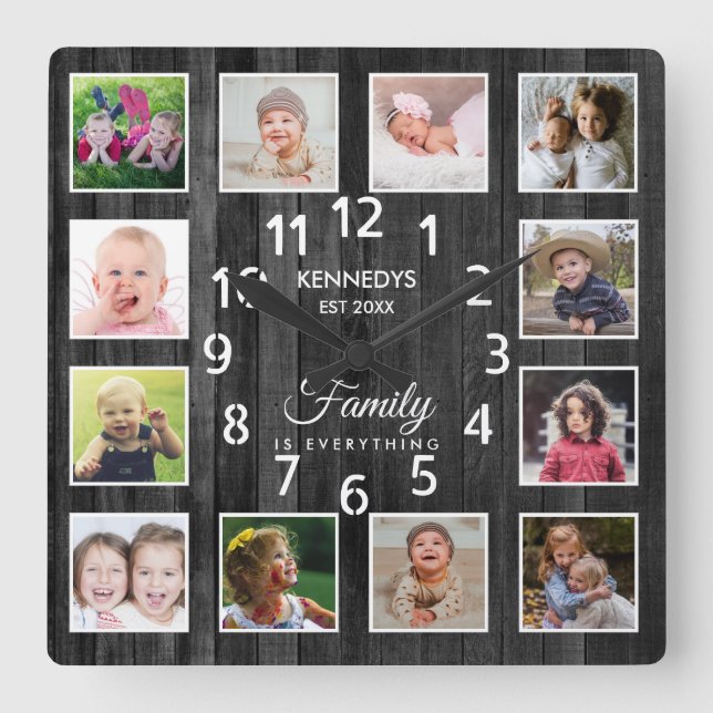 12 Familienname für Fotosammlungen Zitat Schwarzes Quadratische Wanduhr (Vorderseite)