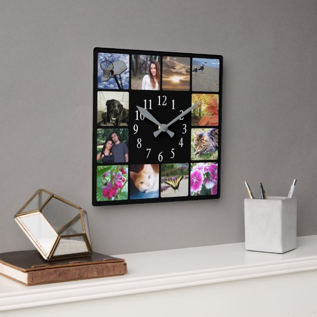 12 Family Multi Foto Collage Square Schwarz Modern Quadratische Wanduhr (Büro)