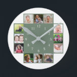 12 Family Photo Collage Create Your Own Green Runde Wanduhr<br><div class="desc">Create your own photo collage wall clock with 12 of your favorite pictures. The photo frame clock helps you treasure your special moments and also makes a thoughtful gift for parents, grandparents and friends. The personalized family clock makes an unique gift for all occasions.</div>