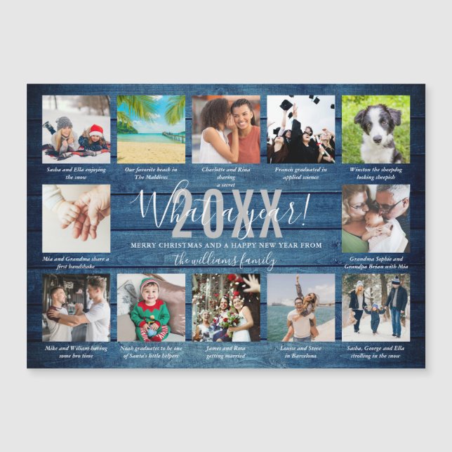 12 Foto Captions What A Year Blue Wood Holiday Magnetkarte (Vorderseite)