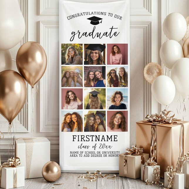 12 Foto Collage Abschluss Moderner Minimal weiß Banner (Custom Graduation Photo Banner - Great backdrop and Graduation Party Decoration)